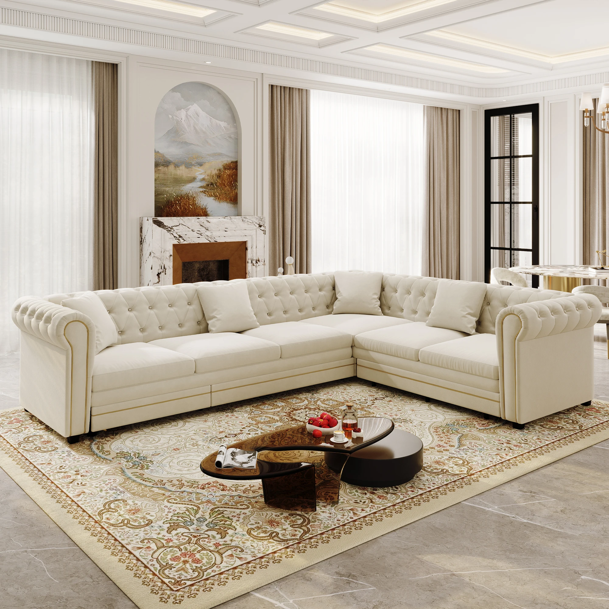 115.3-Inch L-Shaped Two-In-One Convertible Sofa Bed With Velvet Fabric Button-Pull Desig Gold Decorative Rolled Armrests An Ultra-Large Deep-Seated Luxurious Soft Modular Sofa With Cushions A Comfortable Space-Saving Sleeping Area Module Sofa Suitable