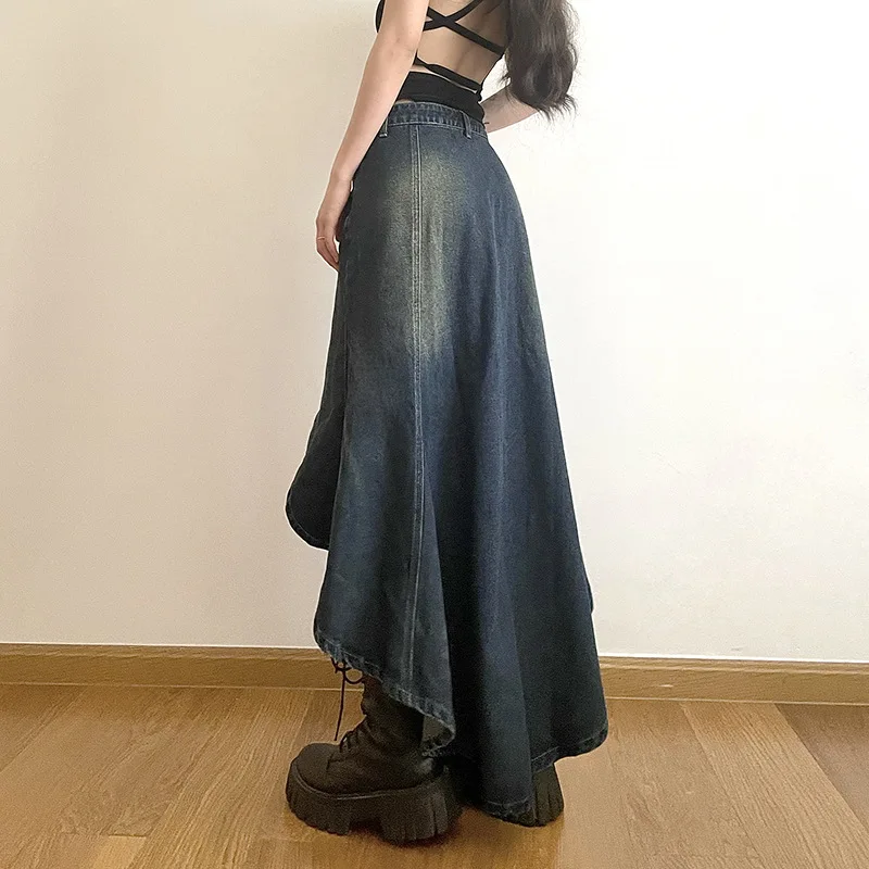 Saia jeans linha A de cintura alta feminina, saia midi irregular, roupas vintage Y2k, tamanho grande, estilo rua, moda verão