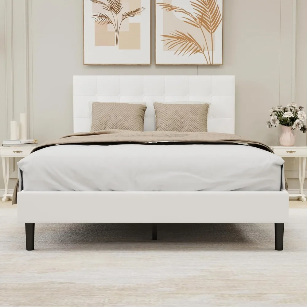 

Upholstered Platform Bed Frame Full Size with Button Tufted Linen Headboard Easy Assembly No Box Spring Needed White