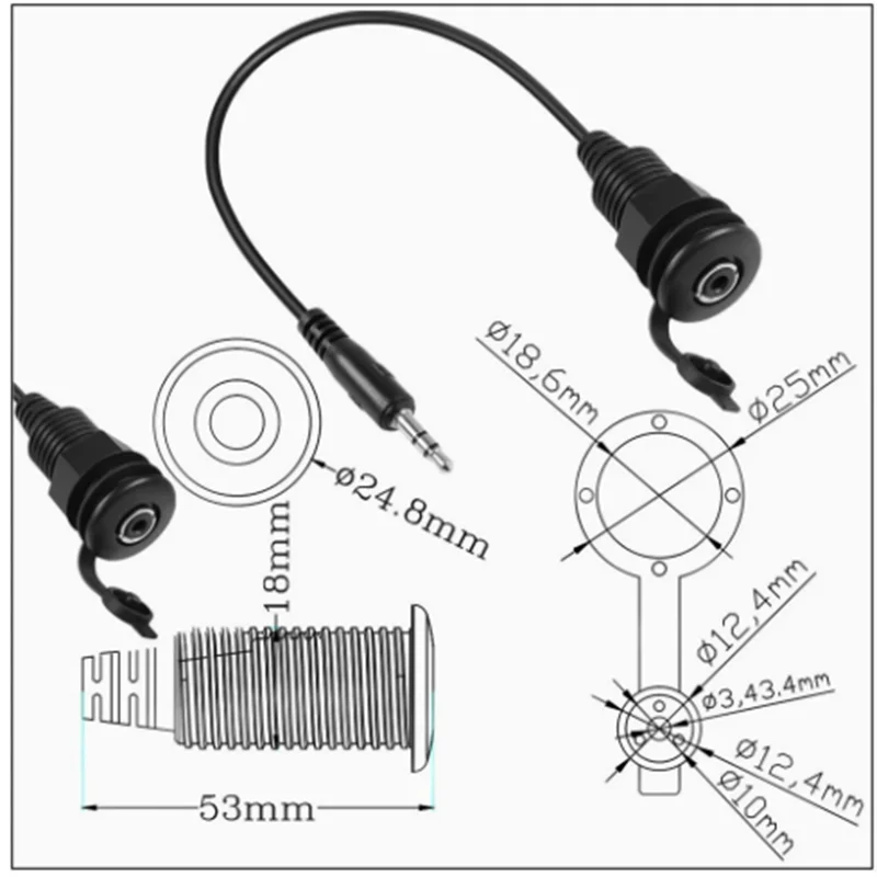 3.5mm TRS Threaded Fixed Waterproof Cable 1/8 Male to Female Embedded Mount Stereo Adapter for Extension Car RV Furniture Audio