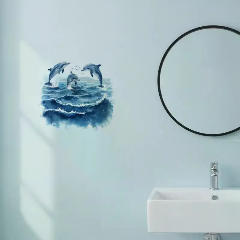 Ocean Dolphin Watercolor Toilet Sticker Residue-Free Removable Waterproof Decal for Bathroom Restroom Home Decor