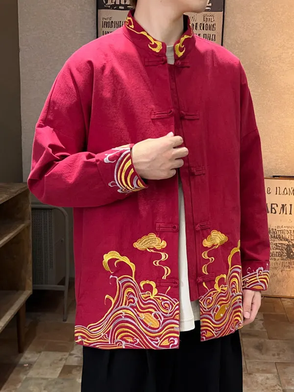 

Новый китайский вышитый костюм Тан (цзяньцюй) для мужчин: свободная рубашка с воротником-стойкой на пуговицах, повседневная верхняя одежда для осени и весны