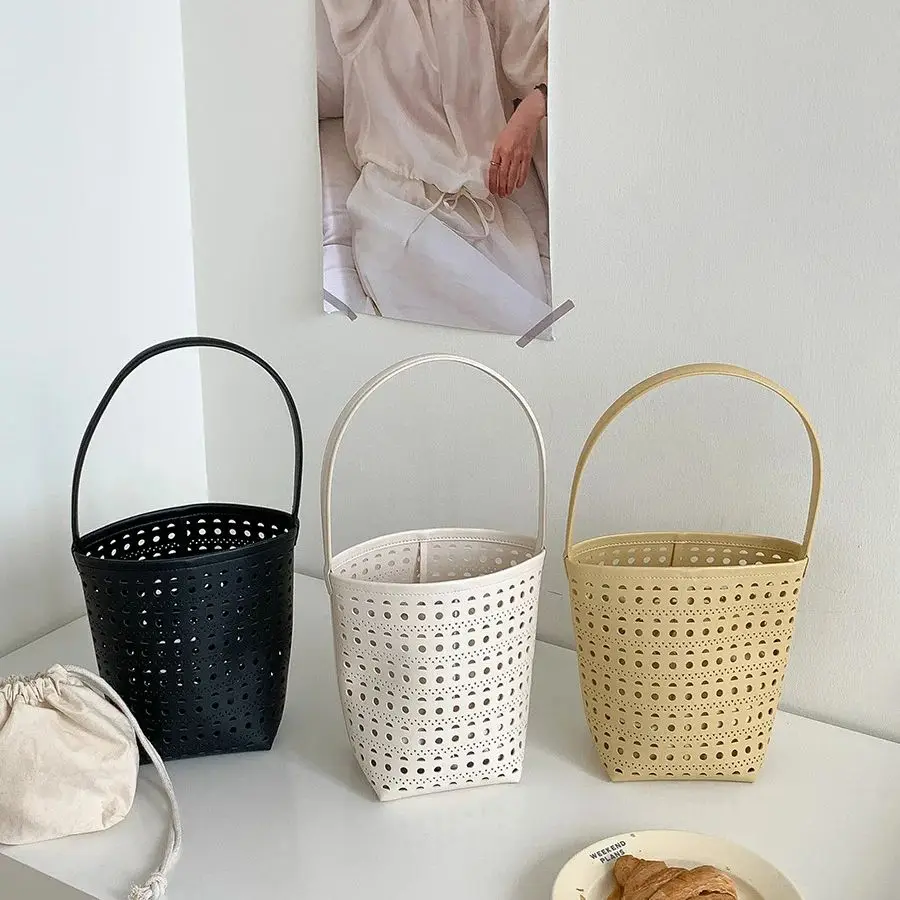 

Korean Style Simple Shoulder Commuting Bag For women Summer Temperament Hollowed Out Canvas Bucket Bag Vacation Beach Bag