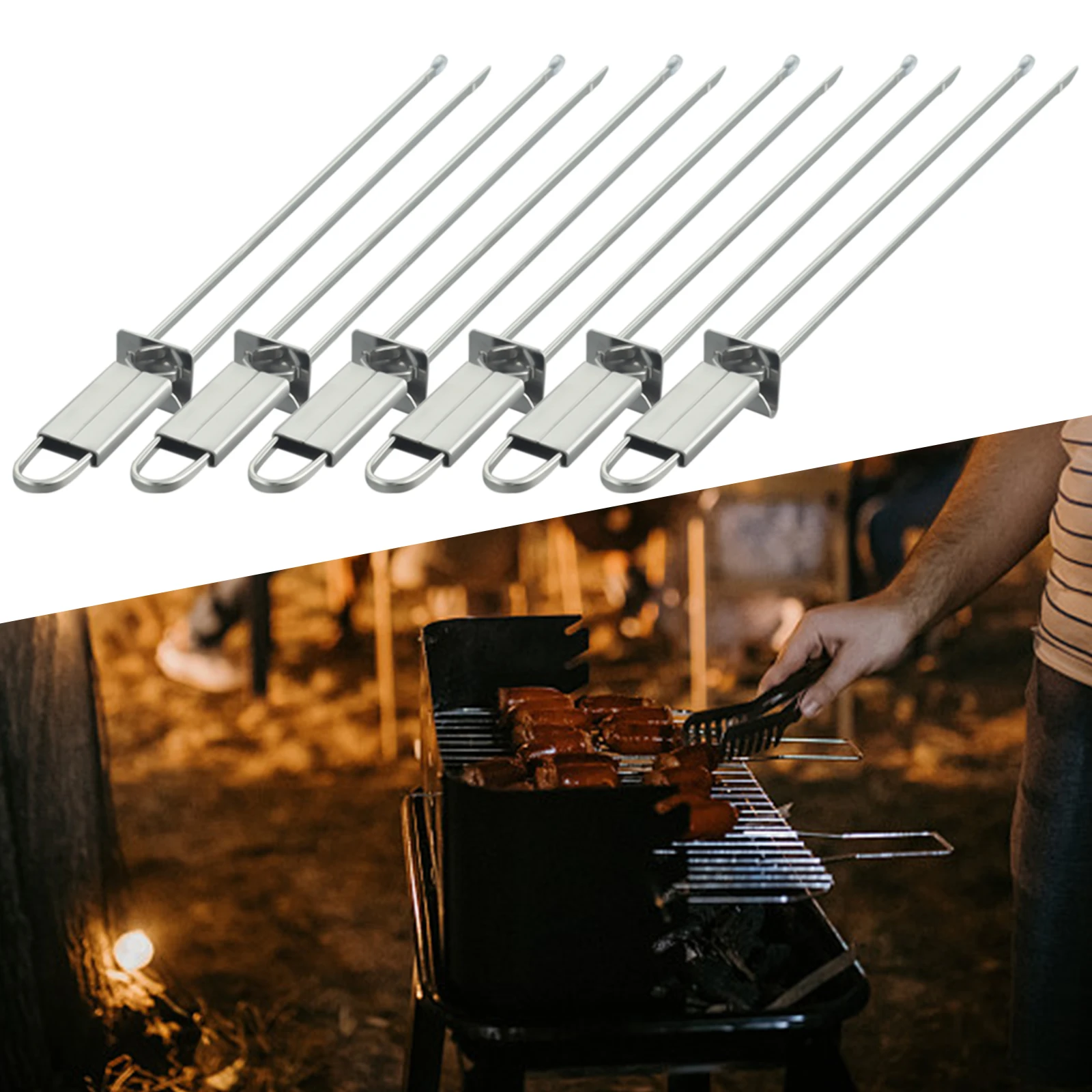 Fork BBQ Skewers 32.5cm Length 6 Pcs For Charcoal Grills Silver 304 Stainless Steel Double-pronged Feet With Handles