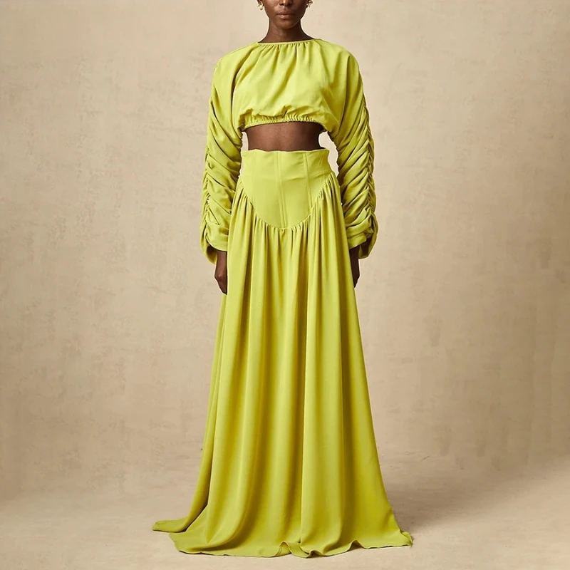 

Solid Loose Two Piece Set O Neck Long Sleeve Short Top High Waist A Line Skirts Temperament Suits Female Clothes