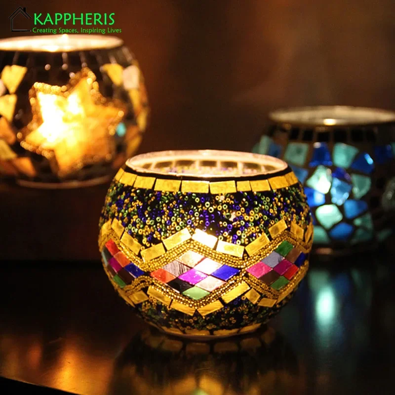 Moroccan Glass Tea Light Candle Holder Porcelain Mosaic Glass Candle Holder Home Decoration Wedding Centerpiece