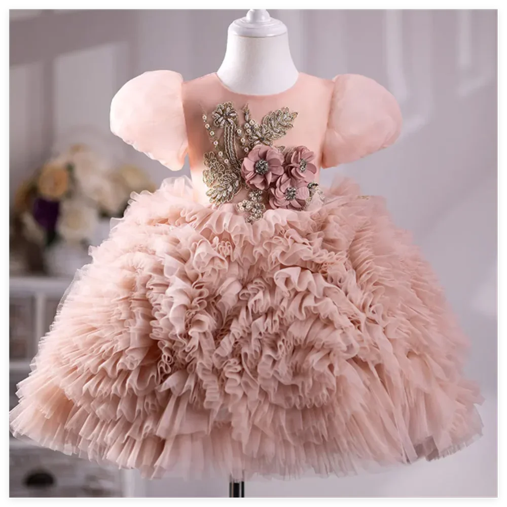 

Pink Flower Girl Dresses Tulle Puffy Tiered Flowers With Bow Sleeveless For Wedding Birthday Party First Communion Gowns