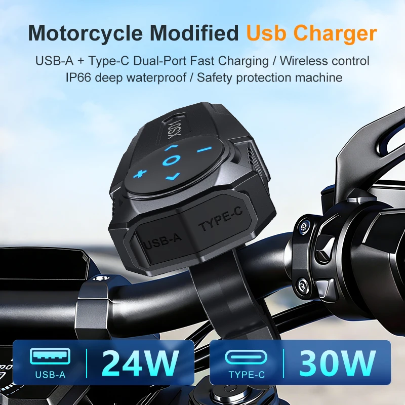 

24W USB-A+30W TYPE-C Motorcycle Phone Charger 54W Waterproof Handlebar Quick Charging Power Adapter with Bluetooth controller