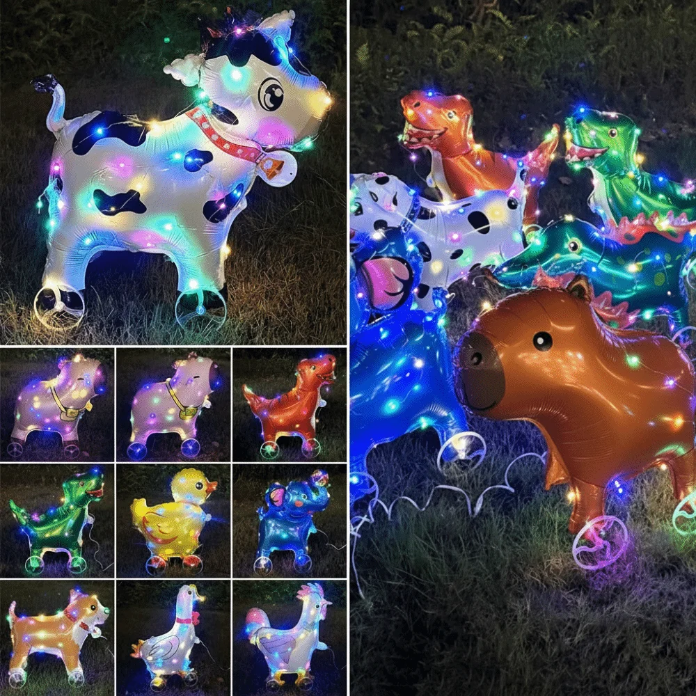 With Light Cartoon Animal Balloon With Wheels Small Size 3D Balloon Square Shape Standing Design Luminous Balloon