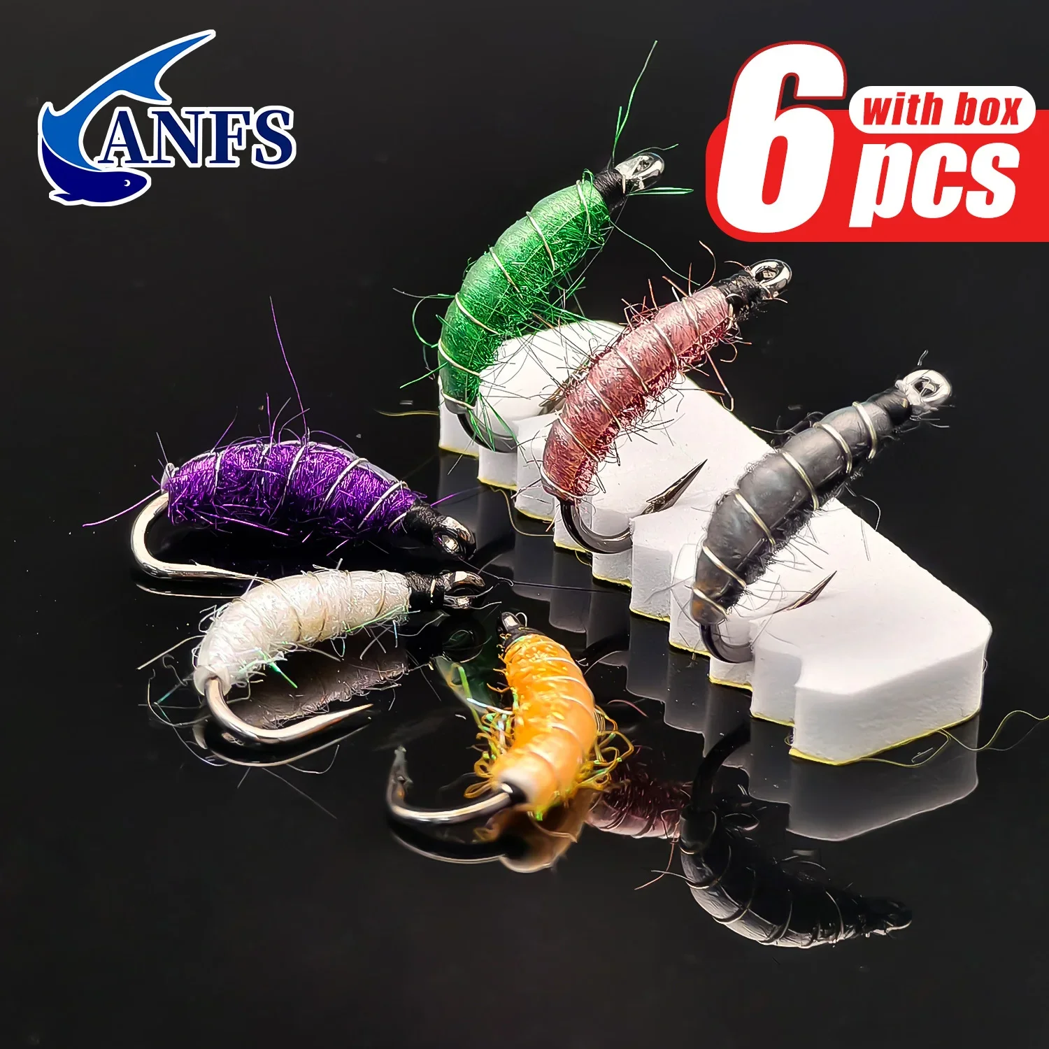 ANFS 6pcs Nymph Flies with Storage Box -Hand Made Nymph Fly Fishing Flies for Freshwater Fishing，Fly Fishing Lure