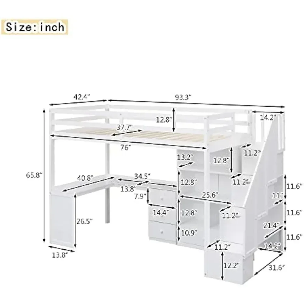 Etagenbetten, Doppelbett, Hochbett, Treppe und L-förmiger Schreibtisch, Hochbettgestell aus Massivholz mit Bücherregal und Schubladen, Hochbett