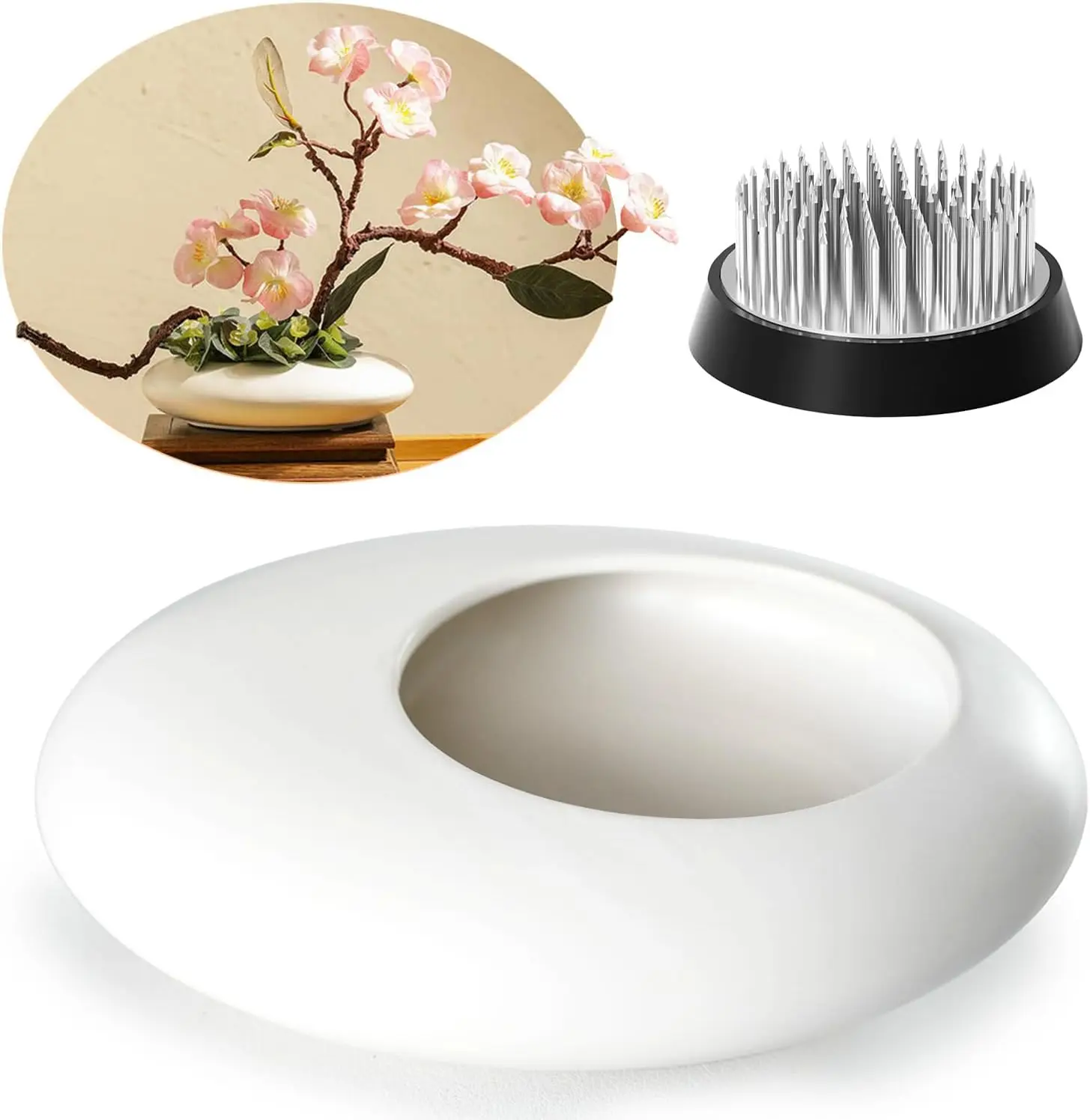 

Японский керамический набор для икебаны: ваза, чаша для камешков и держатель для цветов, белый цвет