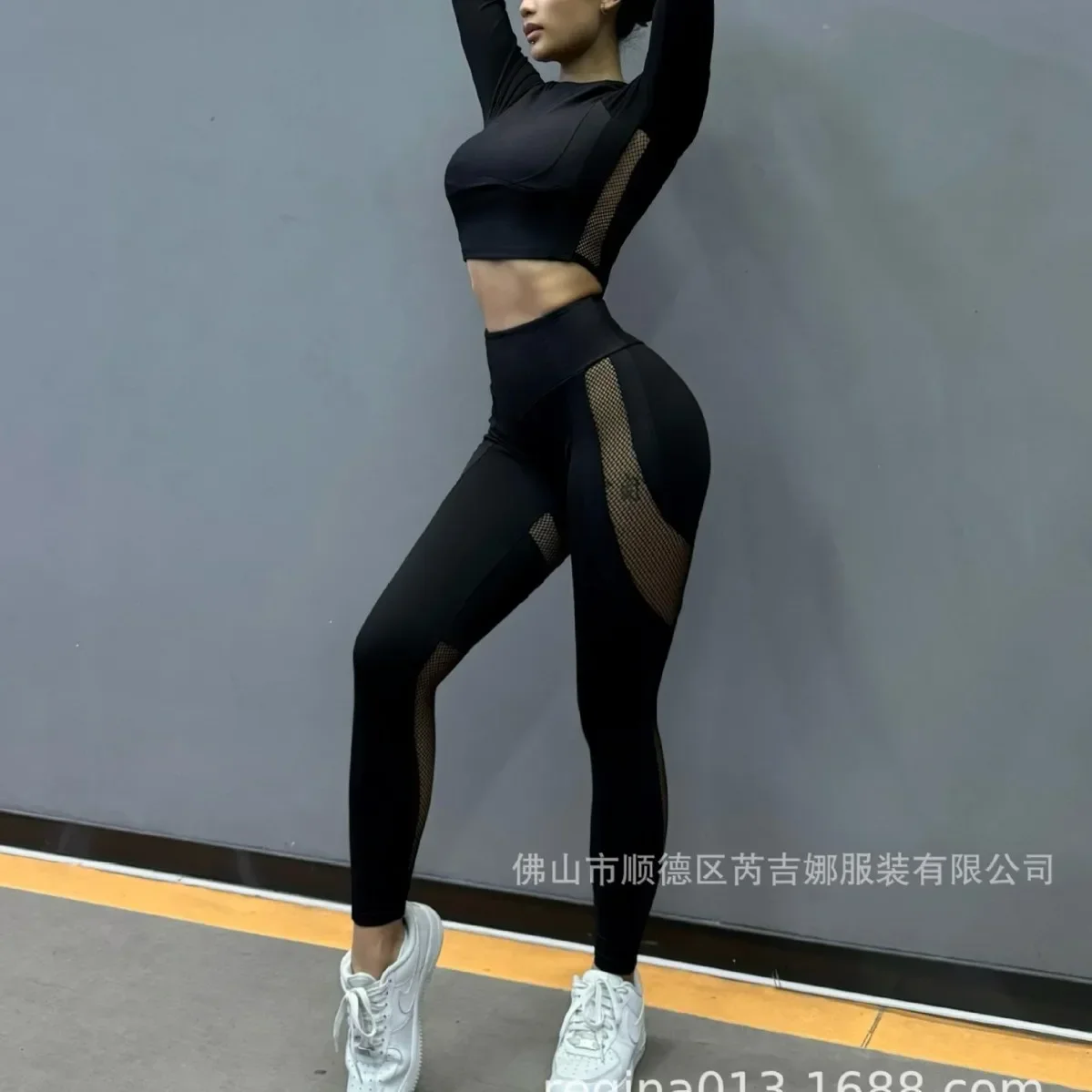 Lightweight Set Sexy Fitness Yoga Long Sleeve Peach Hip Pants Women's Fishn et Hollow Splicing Faux Leather High Waist