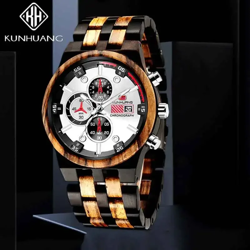 KUNHUANG Hot Retro Wooden Watch for Men Quartz Wristwatches Top Luxury Japan Movement Chronograph Fashion Wood Mens Watches
