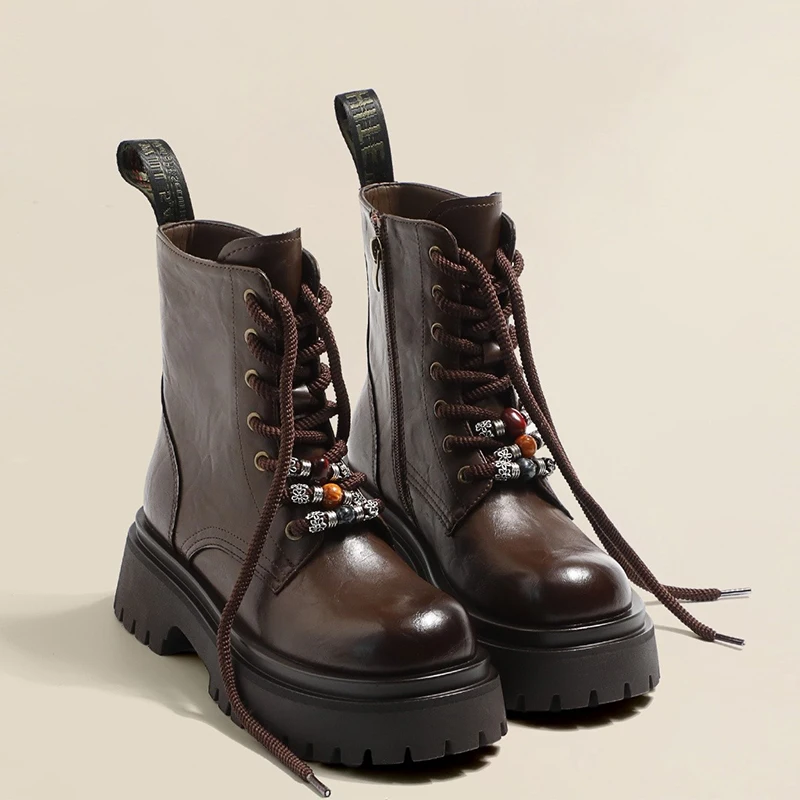 Kralen Flats Platform Vrouwen Enkellaarsjes Lace Up Lederen Schoenen Winter Merk Korte Laarzen Trend Sport Sneaker Chelsea Laarzen Mujer