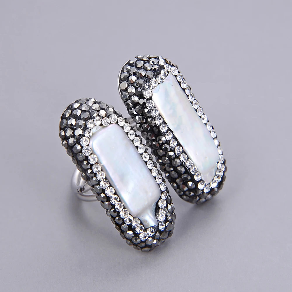 APDGG Natural White Keshi Biwa Pearl Black Macersite Crystal Paved Rings Lady Party Gifts