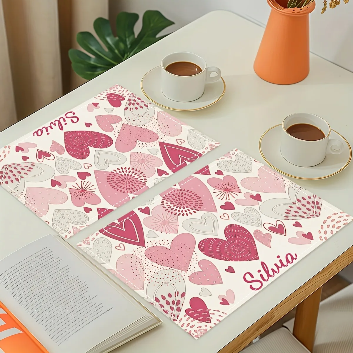 1/2/4pcs Customizable Name Romantic Heart-Shaped Printed Placemat Cover Cloth Farmhouse Table Mat for Family Decoration