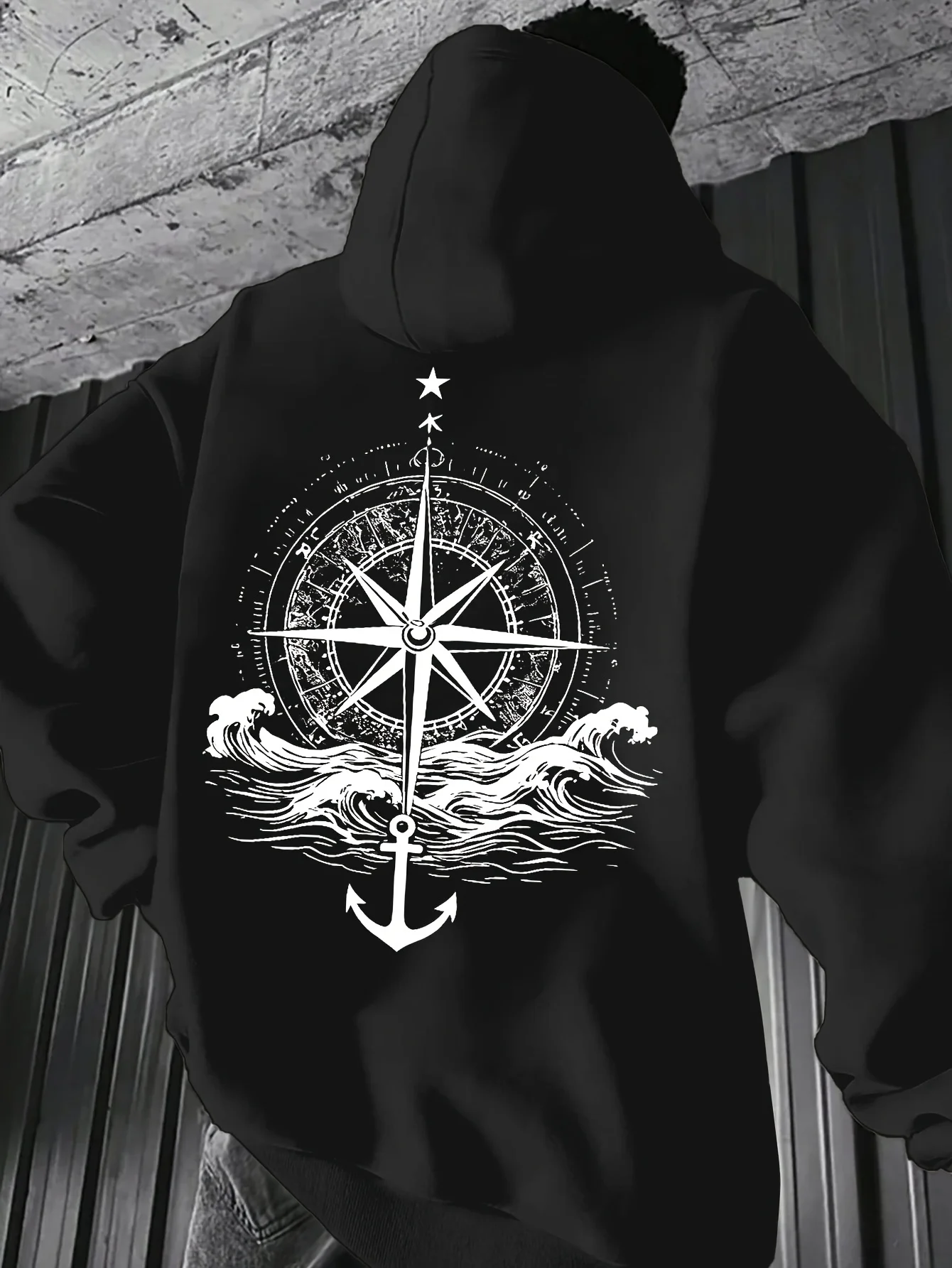 Men Autumn Winter Hoodie, Loose Comfort Warm Pullover Hooded Sweatshirt, Vintage Compass Anchor Wave Print Streetwear Top