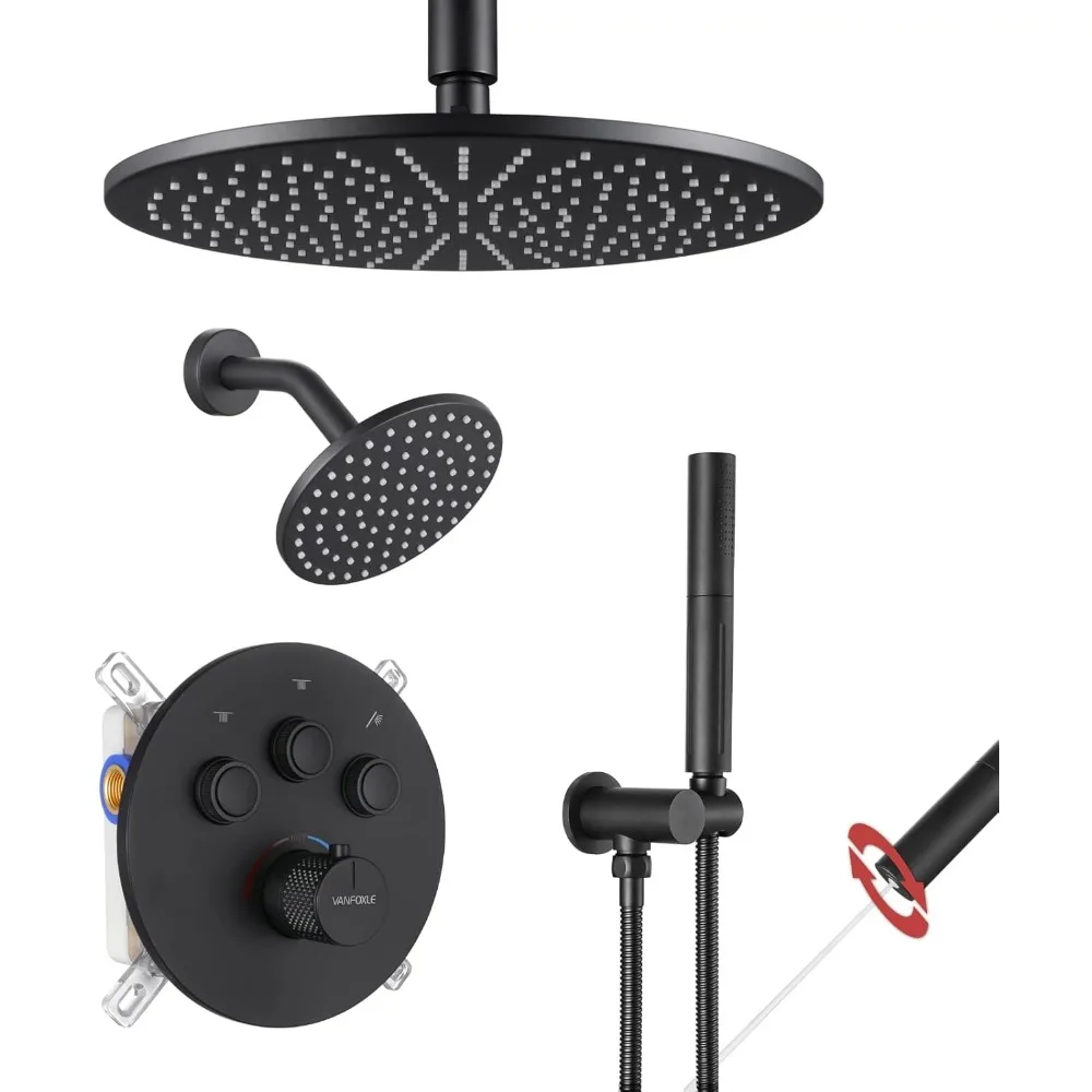

Matte Black Thermostatic Shower System with Push Button Diverter and 2-in-1 Handheld Showerhead
