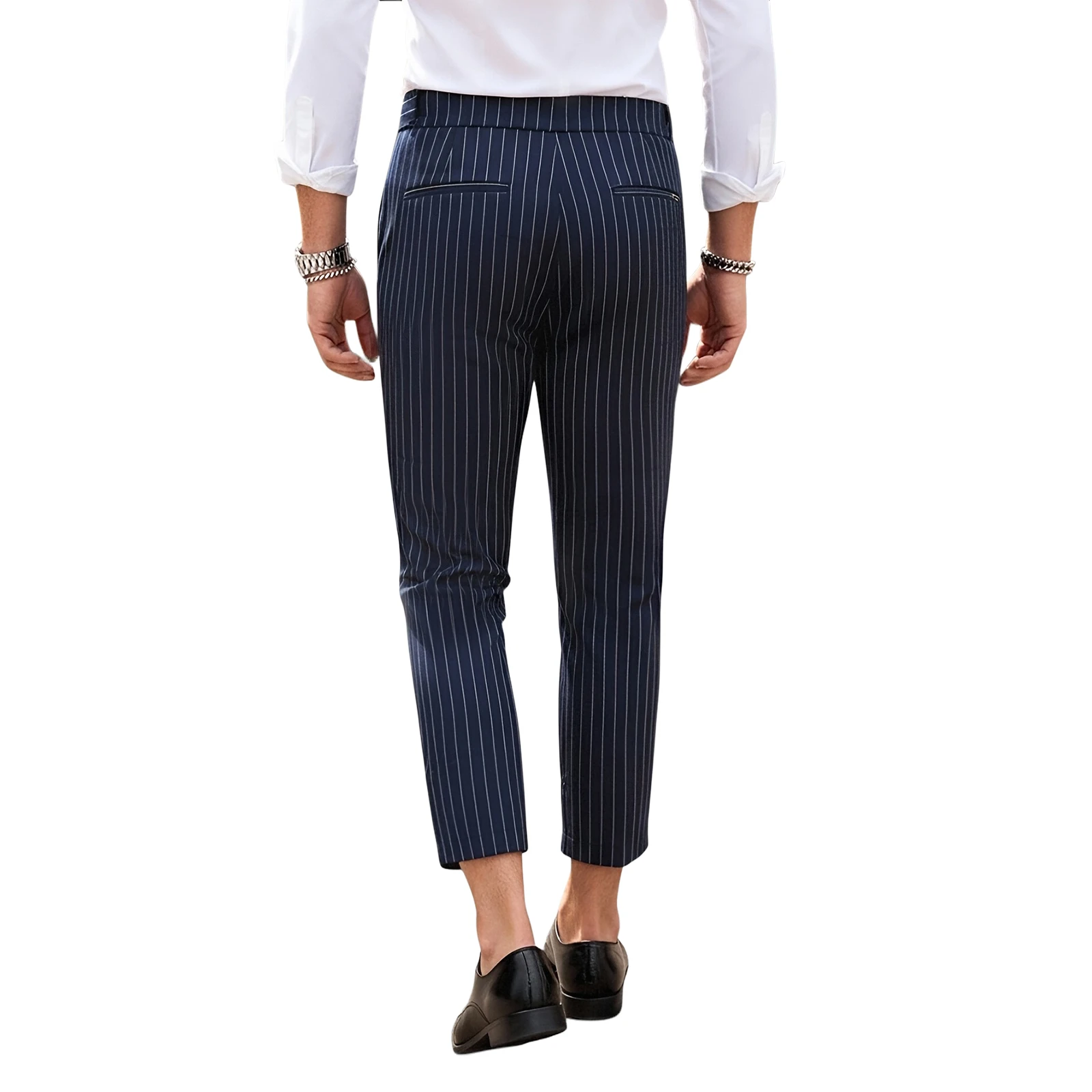 Men's Mid Waist Striped Suit Pants Adjustable Side Buckle Regular Fit Cropped Trousers Business Formal Pants With Pockets