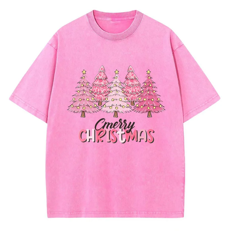 T-shirt da donna con stampa albero di natale rosa estate nuovo Denim lavato oversize manica corta Street Casual Top vendita calda di alta qualità