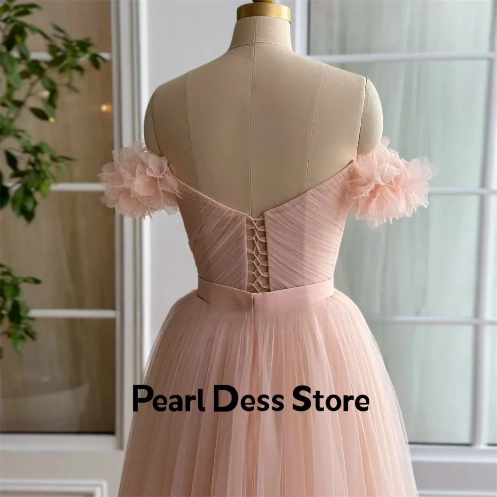 Off shoulder sheer evening dress with floral sweetheart Pastrol A-line tea long lace up back dance dress 2024