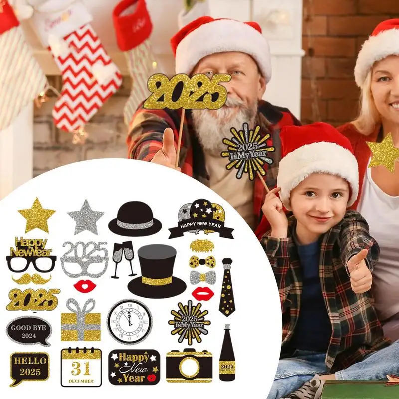 Happy New Year Photo Booth Props 2025 New Year Photo Decoration Props 25X New Year Picture Booth Props Gold And Black New Year