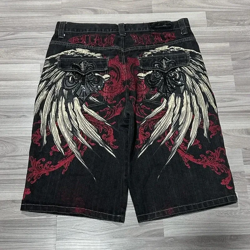 Gothic Hip-hop Wings Oversized Pattern Printed Baggy Denim Shorts for Men 2000s Summer New Fashion High Street Popular Y2k Pants