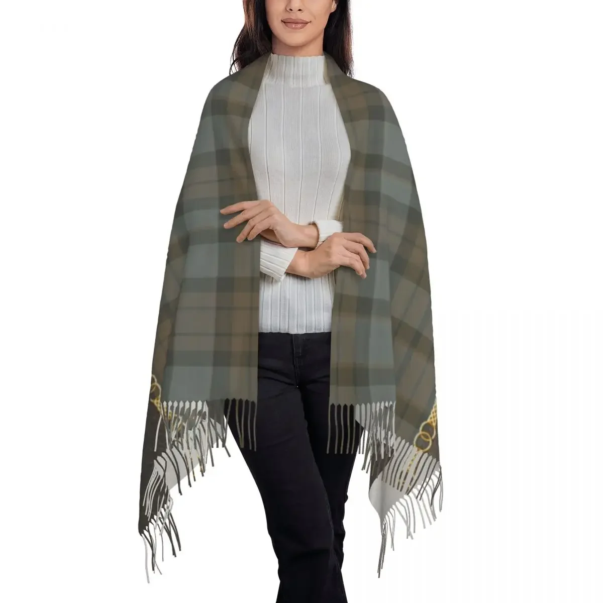 Fashion Leather And Tartan Sassenach Pattern Tassel Scarf Women Winter Warm Shawls Wraps Lady Dragonfly Outlander Scarves