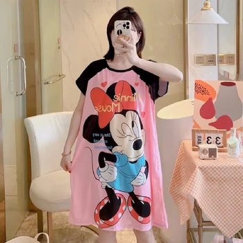 Camisola feminina Mickey e Minnie Cartoon, pijama de manga curta, solta, tamanho grande, roupas de casa, verão, doce