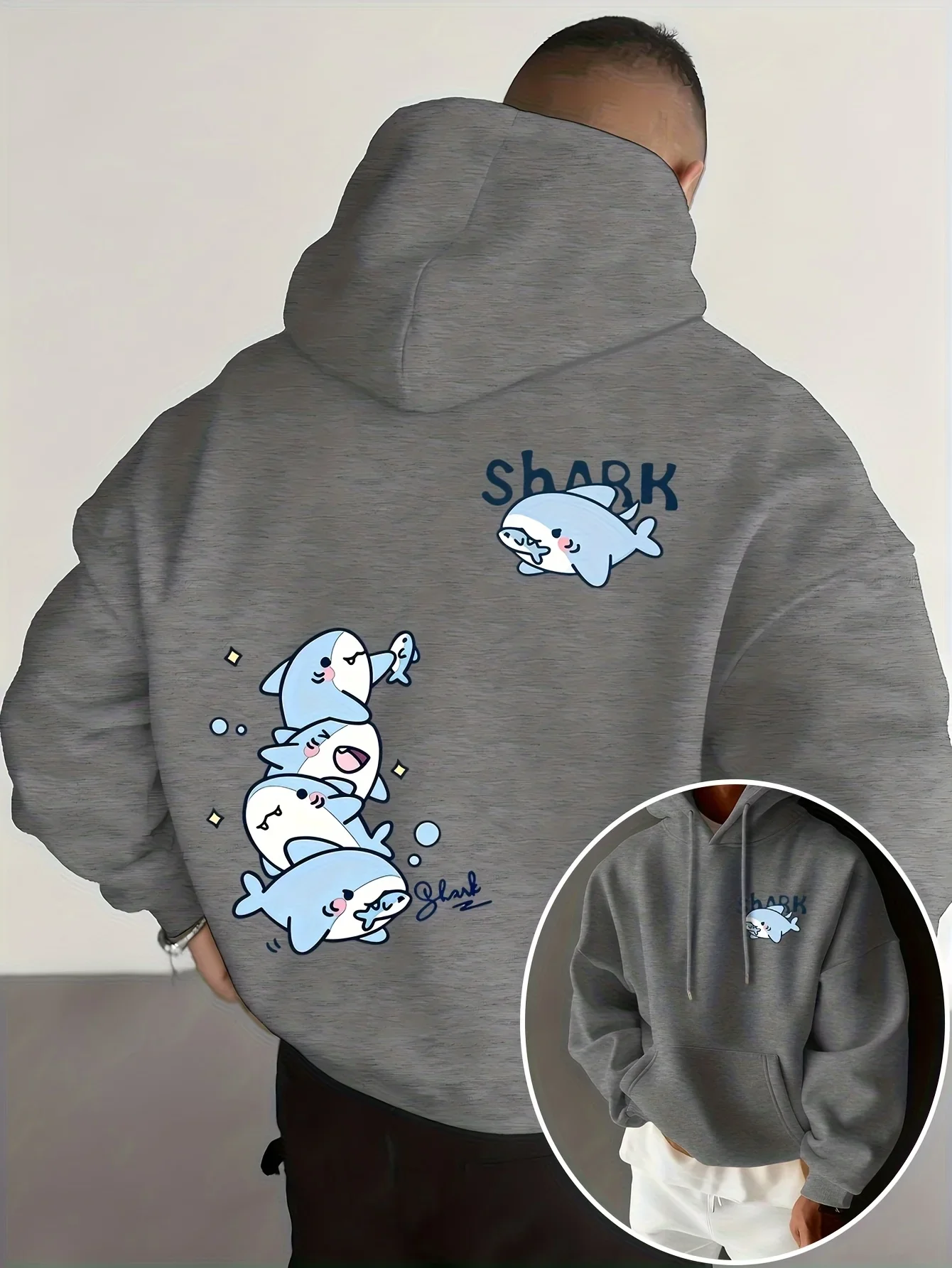 Men's Kawaii Print Hoodie Sweatshirt Cute Stacked Shark Cartoon Graphic Oversized Loose Soft Casual Pullover Hoodie Autumn