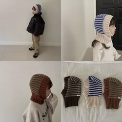 2024 Striped Kids Knitted Hat Children's Wool Pullover Cap For Boys Girls' Warm Neck Protection Knitted Hat Korea Style