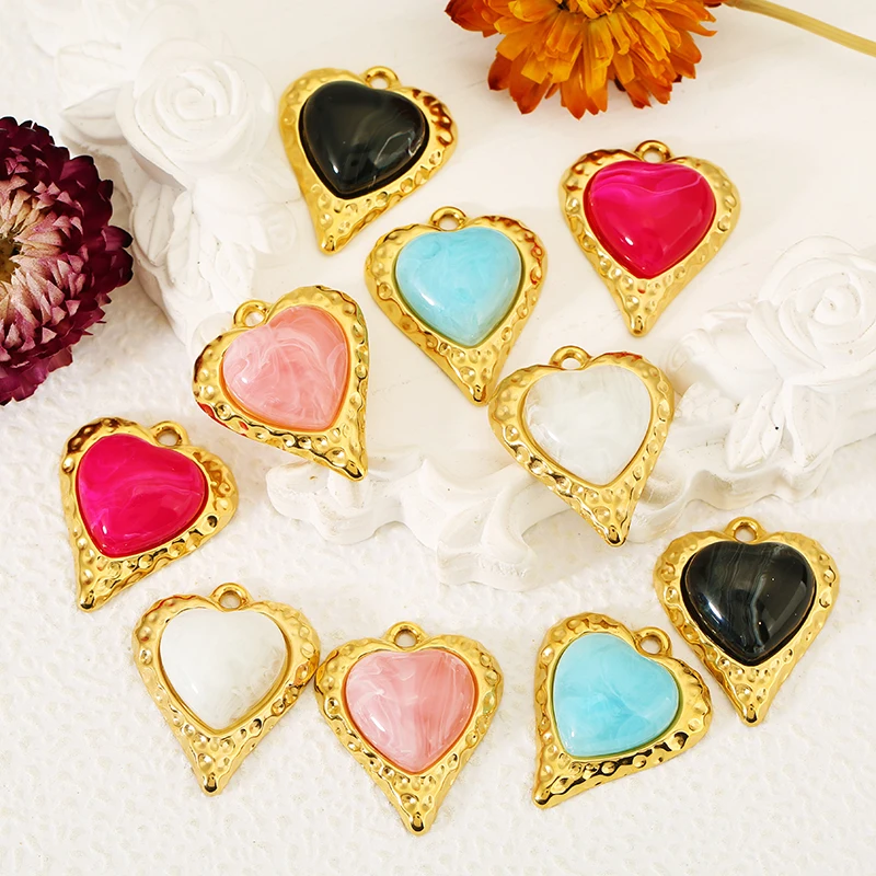 

2pcs Stainless Steel Corrugated Heart Shaped Natural Stone Pendant PVD Gold Suitable for Necklace Earrings DIY Jewelry Making