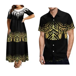 Stylish Women'S Crew-Neck Dress Samoan Dress And Men'S Aloha Shirt Polynesian Design Couple Suit