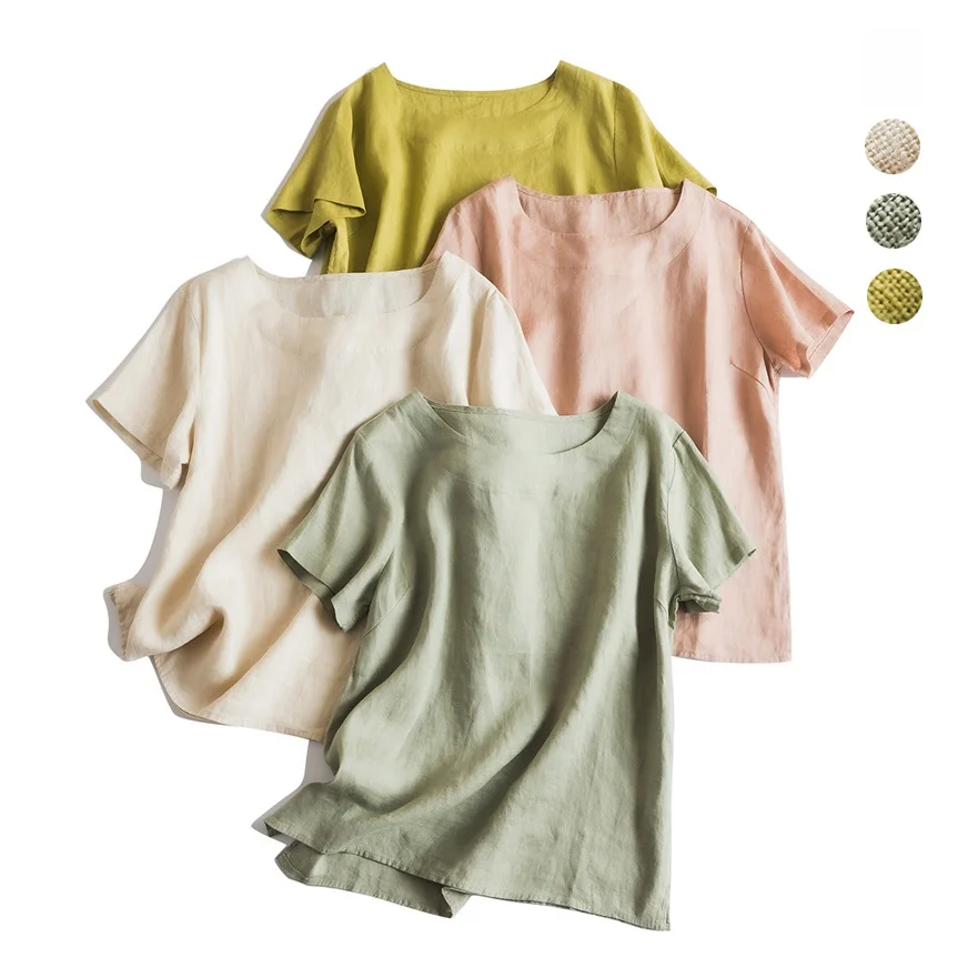 

Lightweight Linen ort Sve Loose Fit Straight Cut Slimming Top round Ne Japanese Artistic Sle Women's T-irt Summer ...
