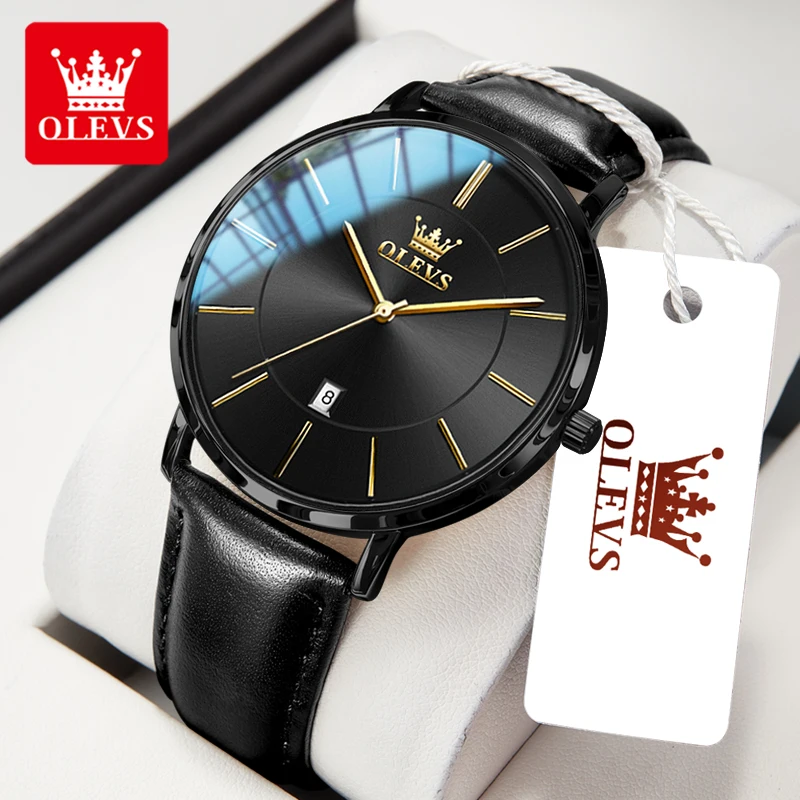 

OLEVS Original men's watches ultra-thin 6.5mm dial waterproof quartz watch for man leisure Leather strap brand wristwatch