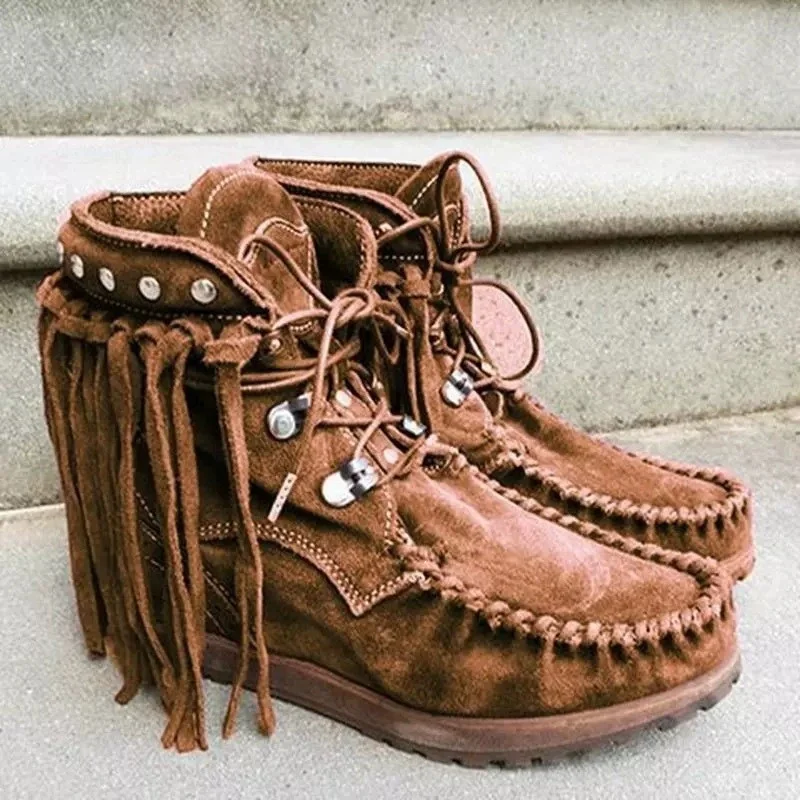 Women's Suede Fringe Moccasin Ankle Boots Lace-Up Rivet Decor Fold Over Collar Round Toe Flat Sole Bohemian Western Footwear