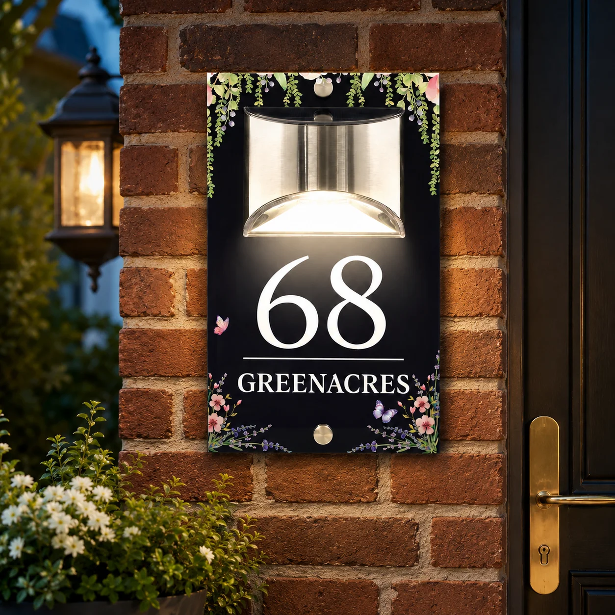 Personalized Custom LED Solar House Number Sign Waterproof Address Plaque with Floral Design Luminous Outdoor Wall Acrylic Plate
