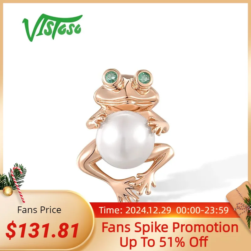 

VISTOSO Genuine 14K 585 Rose Gold Pendant For Women Sparkling Fresh Water Pearl Real Natural Emerald Frog Fine Cute Jewelry