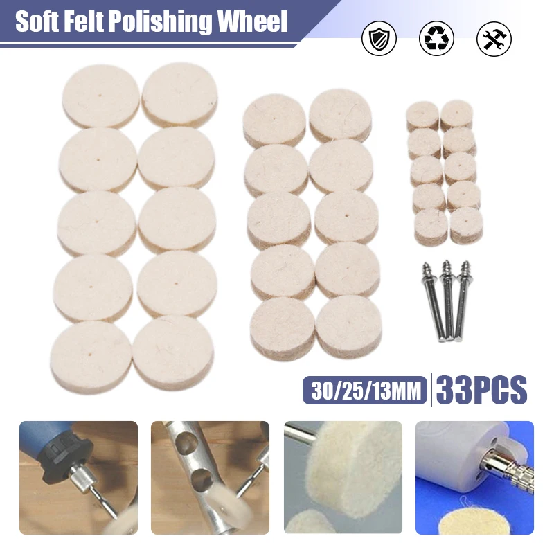 

33Pcs Polishing Buffing Wheels Wool Felt with Metal Mandrel for Dremel Accessories Rotary Tools Polisher Disc Pad