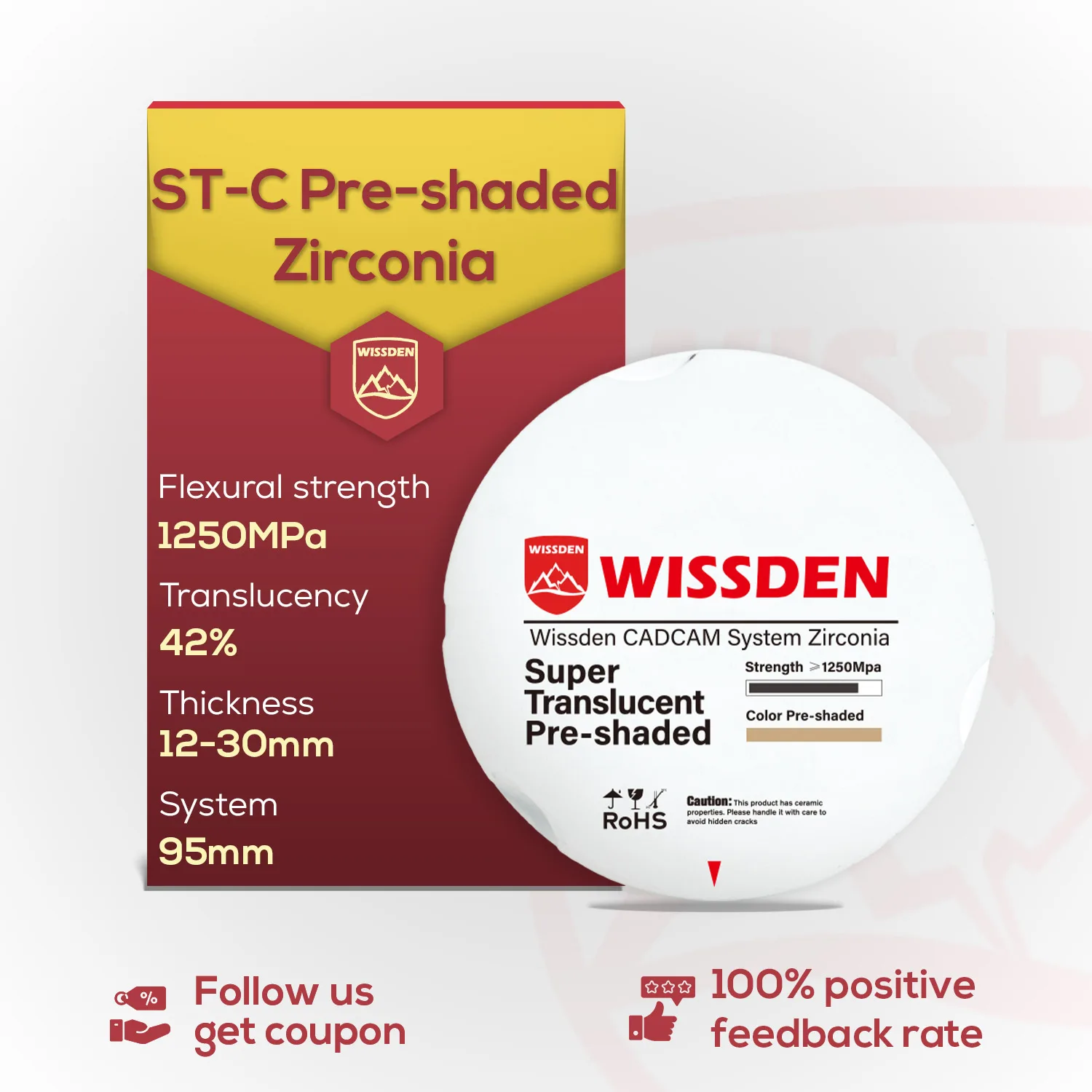 Wissden Pre-shaded Super Translucency Zirconia Discs Dentistry Materials STC 95,12-30mm CAD CAM Zirkonzahn System