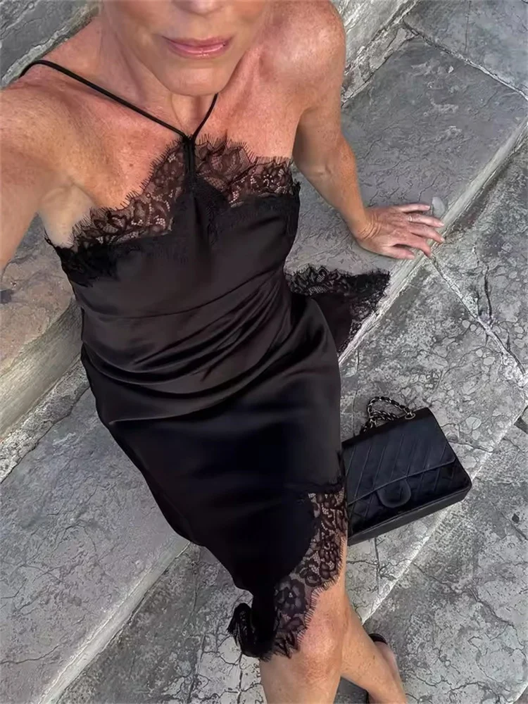 JULISSA MO Patchwork Satin Sexy Backless Spitze Frauen Kleid Spaghetti Strap Midi Kleid Herbst Neue Elegante Party Abendkleid 2025