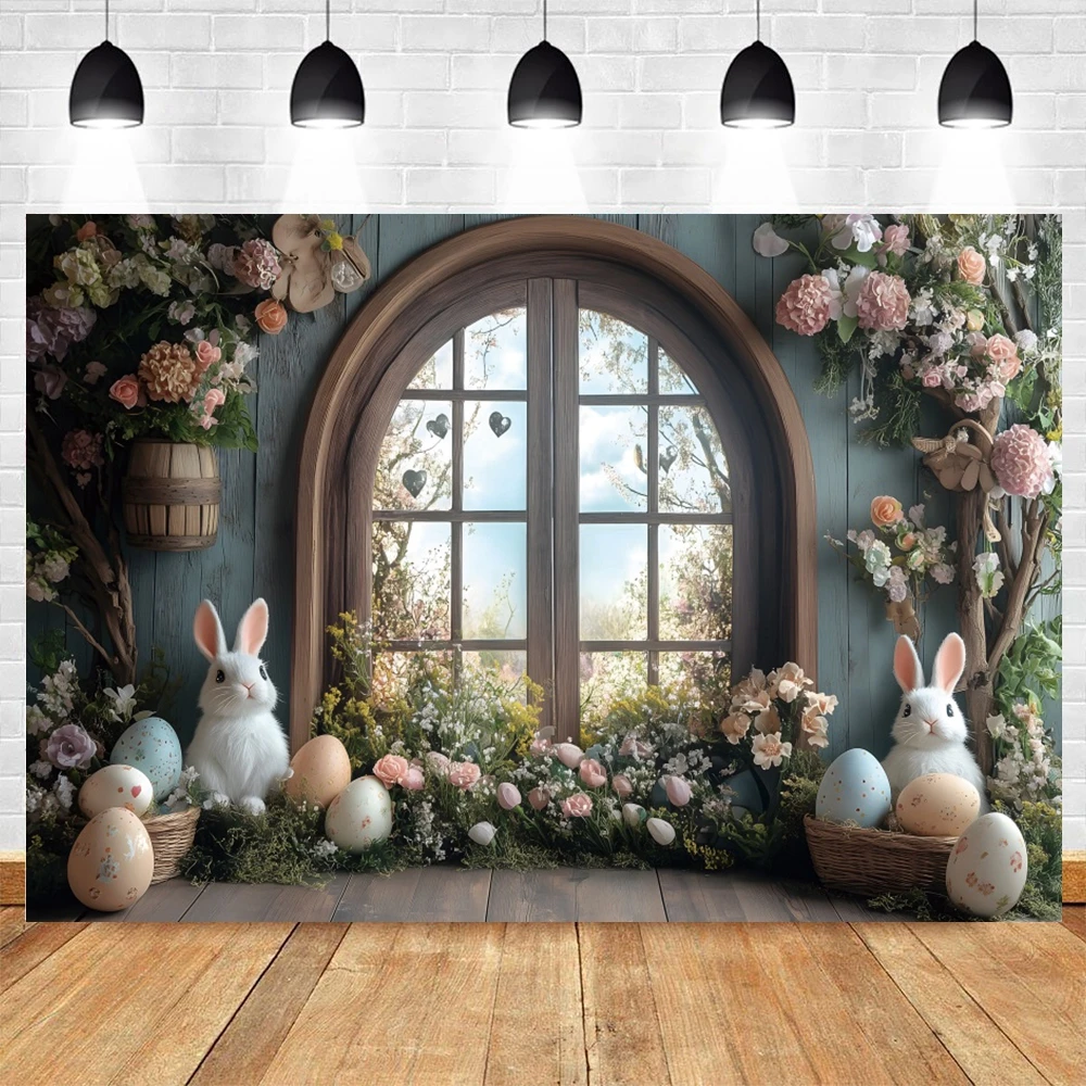 Spring Easter Flowers Bunny Eggs Room Window Backdrop for Photography Baby Shower Birthday Party Kids Portrait Photo Background