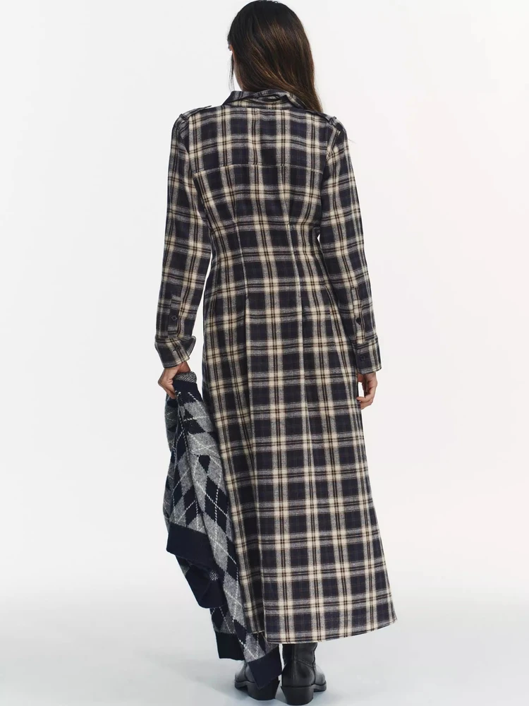 Herfst Winter Nieuwe Collectie Lange Gevouwen Kraag Plaid Midi irt Dr vrouwen Pendelen Faionable Vintage Sle Katoenmix