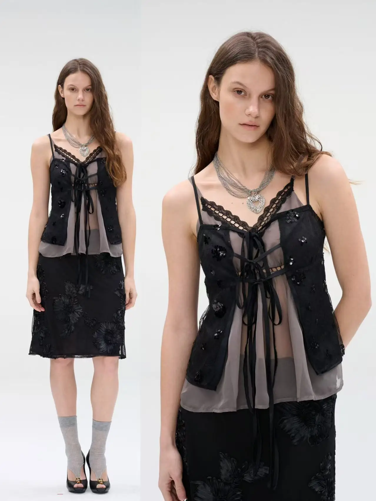 

Романтичный комплект из двух предметов: шелковый топ с кружевной отделкой и пайетками и брюки, женский модный костюм весна-лето, без бренда