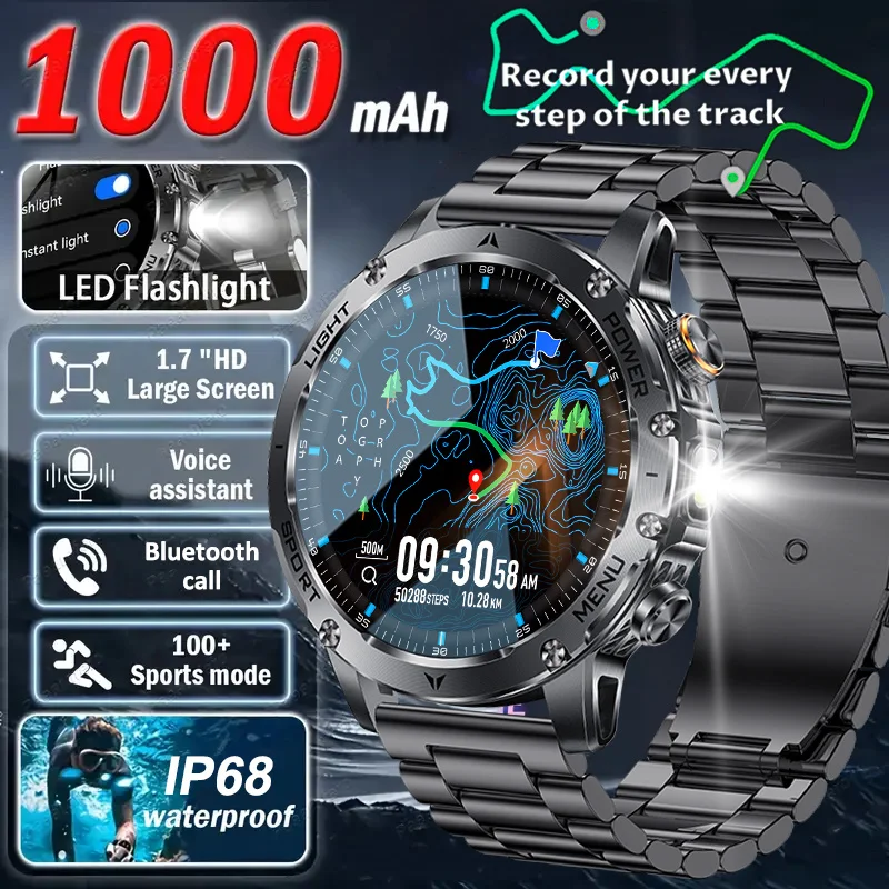 

2025 Новые GPS Смарт-часы 1,7 "AMOLED 1000 мАч Аккумулятор большой емкости 5ATM Водонепроницаемый светодиодный фонарик Bluetooth Call Smartwatch Мужские