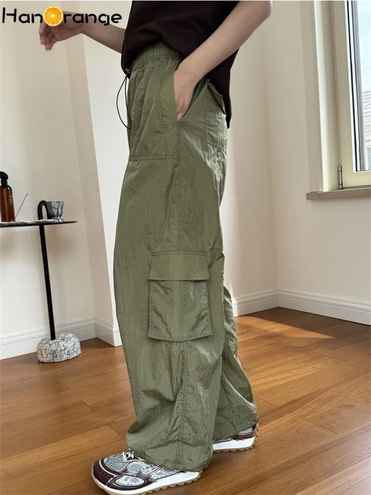 HanOrange 2024 Summer Wide Leg Cargo Pants Nylon Smooth Lightweight Loose Trousers Military Green/Gray Blue