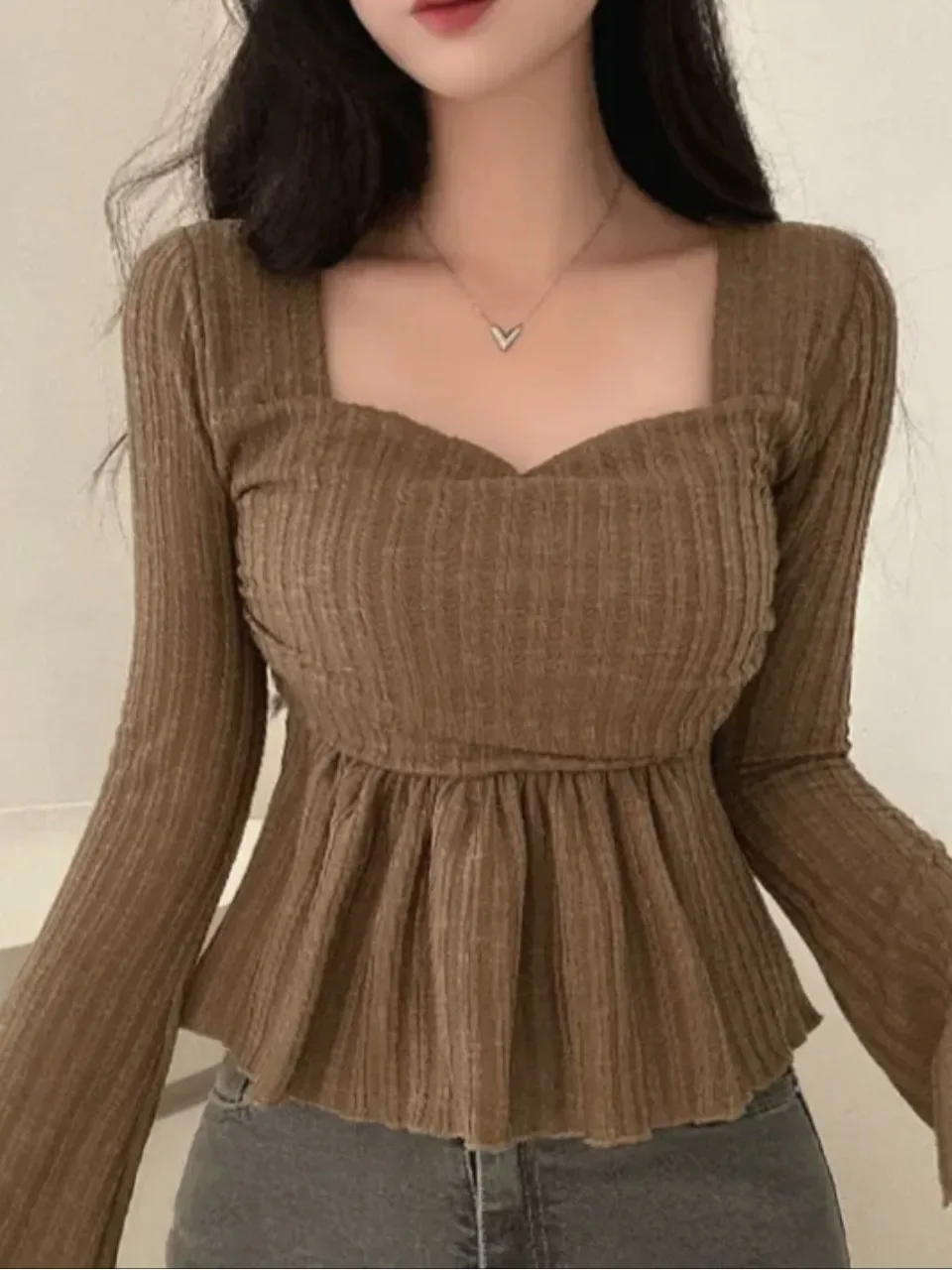Women's South Korea Chic Spring Temperament Square Collar Flare Sleeve Sweater Waist Slimming Flounce Long Sleeves Base T-Shirt