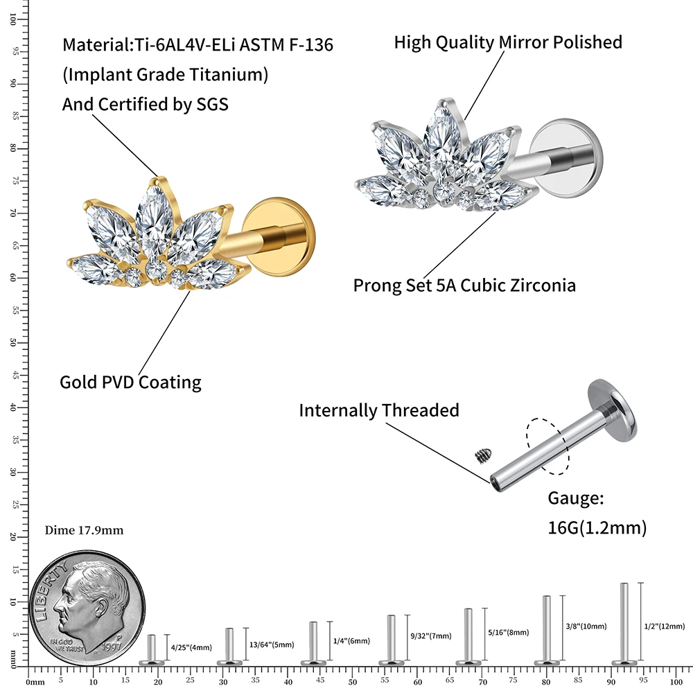 Right Grand ASTM F136 Titanium 16G Marquise Lotus CZ Flower Flat Back Stud Labret Tragus Helix Cartilage Conch Earring Piercing