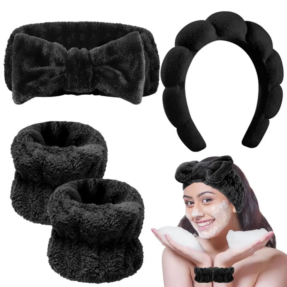 Thickened Sponge Headband Water Absorption Bow Headband Set Anti-slip Skincare Wristband for Makeup Removal Face Wash Sports